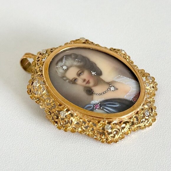 18K Yellow Gold Antique Intricate Filigree Diamond Portrait Cameo Pin Pendant - Picture 9 of 15